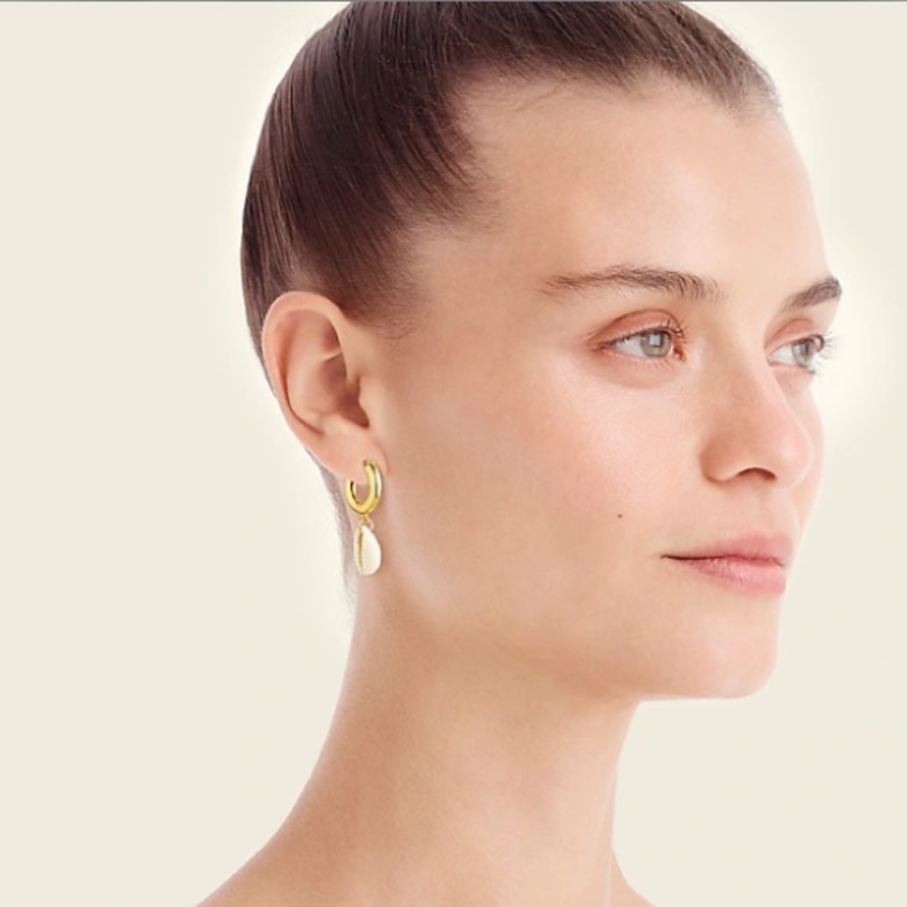 NWT J. Crew Women's Cowrie Shell Drop Huggie Hoop Earrings Gold - Picture 2 of 2
